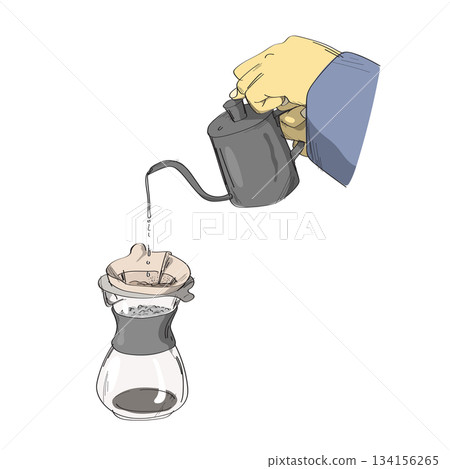 Hand pouring hot water into dripper illustration vector sketch with black lines Hand pouring hot water into dripper illustration vector sketch with black lines 134156265
