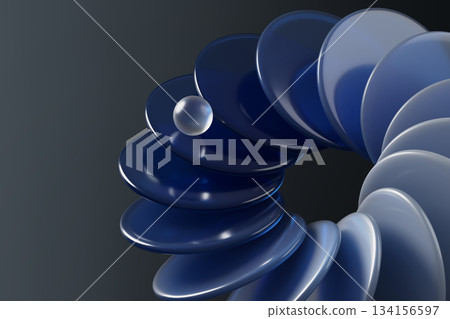 Dark 3d background with glass circle array of blue gradient transparent discs and crystal sphere ball. Abstract flower with white pearl bead, light reflection. Futuristic tech banner. 3D illustration 134156597
