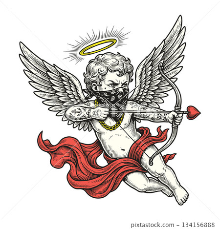 Vintage Cupid with Bandana and Tattoos Vector Art 134156888