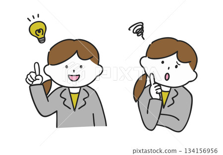 一位穿著西裝、靈光一閃的女士，以及一位憂心忡忡的棕髮女士。 134156956