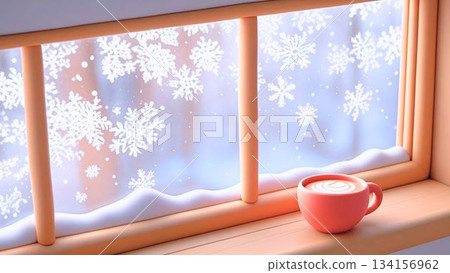 Clay-style winter landscape with a hot drink on a windowsill Clay-style winter landscape with a hot drink on a windowsill 134156962