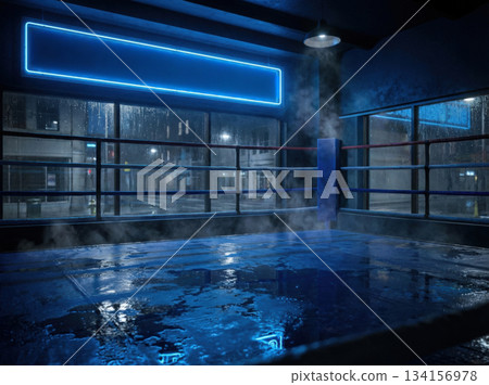 Bright blue light illuminates a wet boxing ring at night. Water glistens on the mat creating a moody scene as mist swirls in the air. The environment feels cool and damp. Bright blue light illuminates a wet boxing ring at night. Water glistens on the mat creating a moody scene as mist swirls in the air. The environment feels cool and damp. 134156978