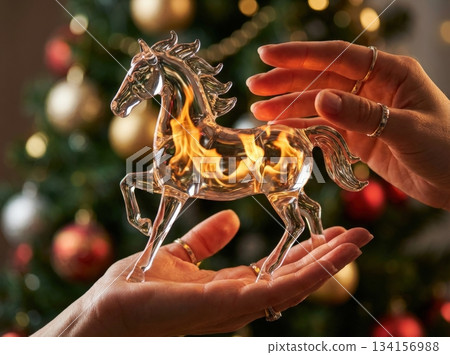 Two hands carefully hold a transparent toy horse that has a fire design. The setting includes a decorated festive tree adding to the holiday joy. Two hands carefully hold a transparent toy horse that has a fire design. The setting includes a decorated festive tree adding to the holiday joy. 134156988