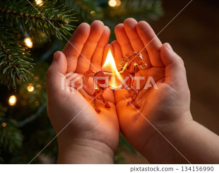 Children hold a toy shaped like a horse that has bright flickering flames inside. The scene takes place indoors with decorations and soft lights around. Children hold a toy shaped like a horse that has bright flickering flames inside. The scene takes place indoors with decorations and soft lights around. 134156990