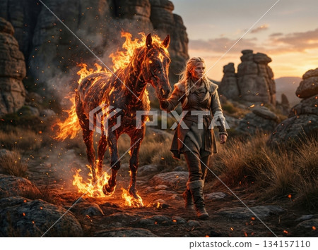 woman leads a horse engulfed in flames through a rugged area with large rocks. The sun sets casting warm light on the scene creating a dramatic atmosphere. woman leads a horse engulfed in flames through a rugged area with large rocks. The sun sets casting warm light on the scene creating a dramatic atmosphere. 134157110