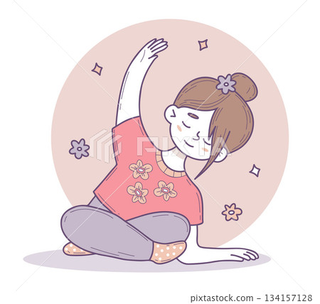 Cute Girl Doing Fitness, Yoga. Female Character Sits and Stretching. Color hand-drawn, doodle in soft pastel colors. Vector illustration. Kids collection. Not AI 134157128