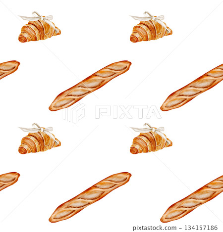 Loaf watercolor seamless pattern . Hand-drawn long baguette with a croissant on a white background. Clip art of baked goods. Ideal for packaging baked goods and kitchen textiles Loaf watercolor seamless pattern . Hand-drawn long baguette with a croissant on a white background. Clip art of baked goods. Ideal for packaging baked goods and kitchen textiles 134157186
