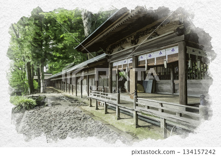 Watercolor painting of Tenaga Shrine corridor in Kami-Suwa, Suwa City, Nagano Prefecture 134157242
