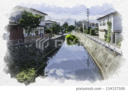 Watercolor painting of Kami-Suwa Nakamon River, Suwa City, Nagano Prefecture 134157300