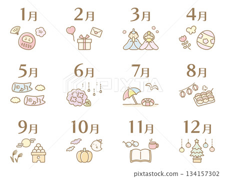 一套包含季節性事件的插圖,可愛的12個月日曆標題 04 一套包含季節性事件的插圖,可愛的12個月日曆標題 04 134157302