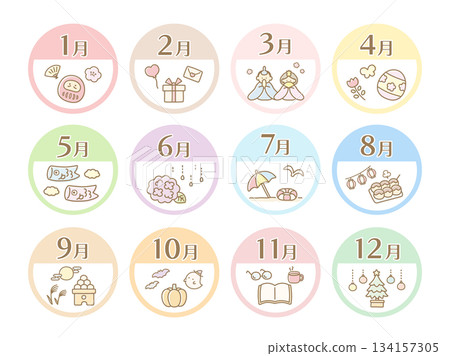 一套包含季節性事件的插圖，可愛的12個月日曆標題 01 134157305