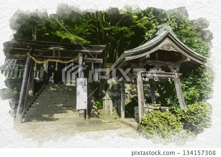 Watercolor painting of Kami-Suwa Tenaga Shrine, torii gate and chozuya (purification fountain), Suwa City, Nagano Prefecture 134157308