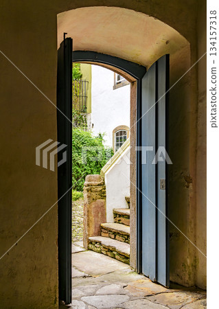 Door in a historic colonial-style mansion 134157318