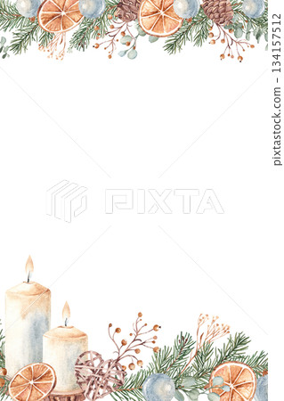 Winter, Christmas square vertical Frame, Border. Card Template with Winter plants, candles and wicker toy. Hand drawn Botanical cozy home illustration in Rustic style. Perfect as Card or Poster Winter, Christmas square vertical Frame, Border. Card Template with Winter plants, candles and wicker toy. Hand drawn Botanical cozy home illustration in Rustic style. Perfect as Card or Poster 134157512