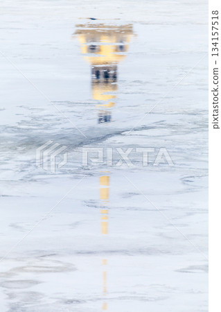 Peter and Paul fortress reflection on ice of Neva river, Saint-Petersburg 134157518