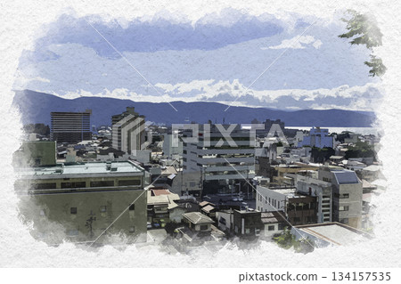 水彩風格繪畫，描繪了長野縣諏訪市上詬訪站週邊地區。 134157535