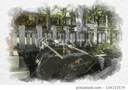 Watercolor painting of Kami-Suwa, Yatsugurugi Shrine, hot spring water basin, Suwa City, Nagano Prefecture Watercolor painting of Kami-Suwa, Yatsugurugi Shrine, hot spring water basin, Suwa City, Nagano Prefecture 134157574