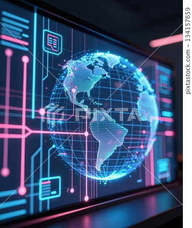 Futuristic global technology network with digital earth, blue and orange data streams, abstract cyber background. Futuristic global technology network with digital earth, blue and orange data streams, abstract cyber background. 134157659