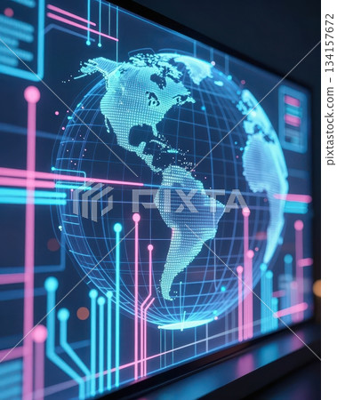 Futuristic global technology network with digital earth, blue and orange data streams, abstract cyber background. Futuristic global technology network with digital earth, blue and orange data streams, abstract cyber background. 134157672