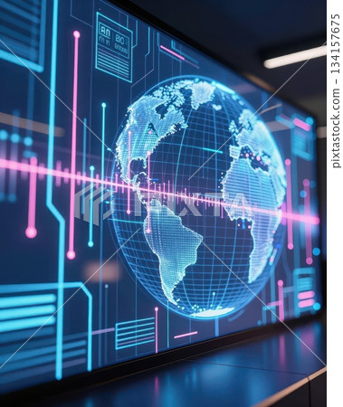 Futuristic global technology network with digital earth, blue and orange data streams, abstract cyber background. Futuristic global technology network with digital earth, blue and orange data streams, abstract cyber background. 134157675