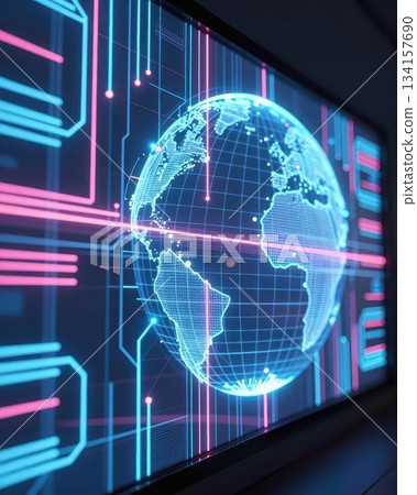 Futuristic global technology network with digital earth, blue and orange data streams, abstract cyber background. 134157690