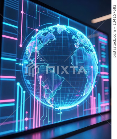 Futuristic global technology network with digital earth, blue and orange data streams, abstract cyber background. Futuristic global technology network with digital earth, blue and orange data streams, abstract cyber background. 134157692