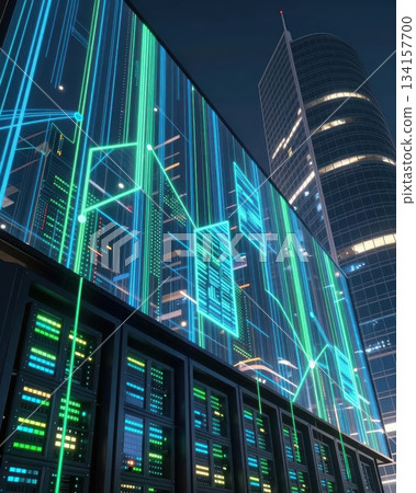 Futuristic technology cityscape with blue and orange neon lights, digital data network architecture, abstract urban background. 134157700