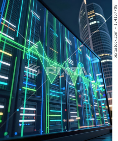 Futuristic technology cityscape with blue and orange neon lights, digital data network architecture, abstract urban background. 134157708