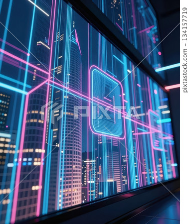 Futuristic technology cityscape with blue and orange neon lights, digital data network architecture, abstract urban background. Futuristic technology cityscape with blue and orange neon lights, digital data network architecture, abstract urban background. 134157719
