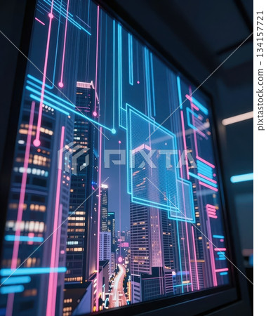 Futuristic technology cityscape with blue and orange neon lights, digital data network architecture, abstract urban background. Futuristic technology cityscape with blue and orange neon lights, digital data network architecture, abstract urban background. 134157721