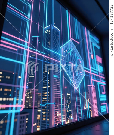 Futuristic technology cityscape with blue and orange neon lights, digital data network architecture, abstract urban background. Futuristic technology cityscape with blue and orange neon lights, digital data network architecture, abstract urban background. 134157722