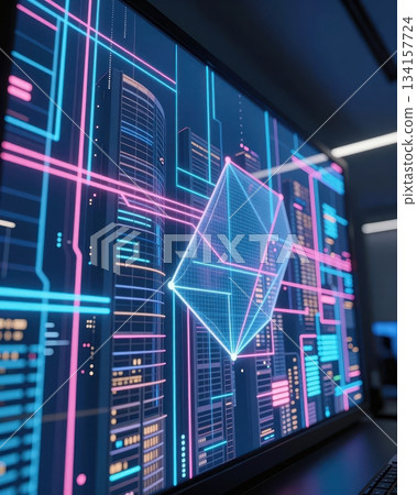 Futuristic technology cityscape with blue and orange neon lights, digital data network architecture, abstract urban background. 134157724