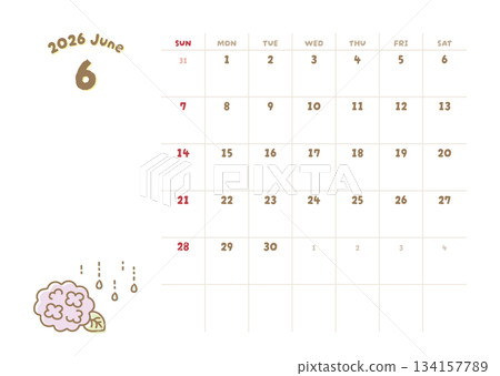 2026年6月曆 雨季 可愛的繡球花插圖 2026年6月曆 雨季 可愛的繡球花插圖 134157789