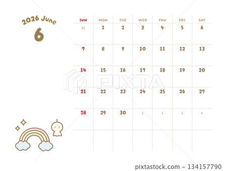 2026年6月曆 雨季 可愛的彩虹、雲朵和晴天娃娃插圖 2026年6月曆 雨季 可愛的彩虹、雲朵和晴天娃娃插圖 134157790