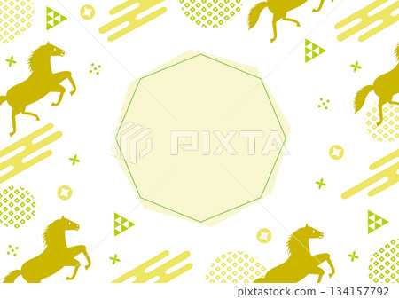 馬與日式流行圖案相框,靈感源自馬年_白色背景_綠色 馬與日式流行圖案相框,靈感源自馬年_白色背景_綠色 134157792