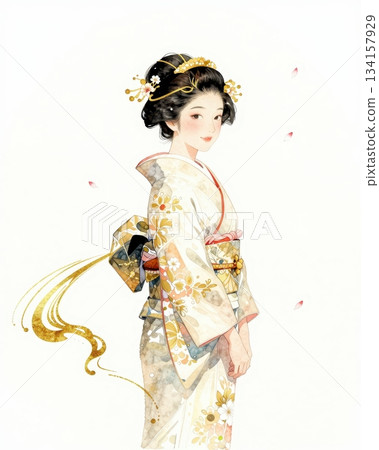 Elegant Japanese Woman in Kimono with Traditional Ink and Gold Floral Art Illustration. 134157929