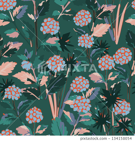 Abstract, stylized dark floral seamless pattern ideal for wallpaper, fabric, stationery, and home decor. High quality vector for print. 134158054