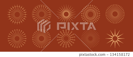 Celestial sun logo with flowing boho lines and starburst rays. Sacred geometry design ideal for spiritual projects, yoga studios, and esoteric illustration themes. 134158172