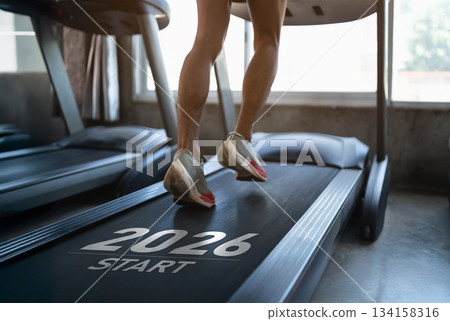 Happy new year 2026, Motivational Fitness Journey Image with a Treadmill Showing the Start of a Healthy Lifestyle in 2026 134158316