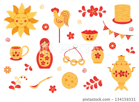 Maslenitsa is a traditional holiday marking the end of winter. Vector doodle illustration of pancakes, samovar, matryoshka, sun, cockerel. Shrovetide. 134158331