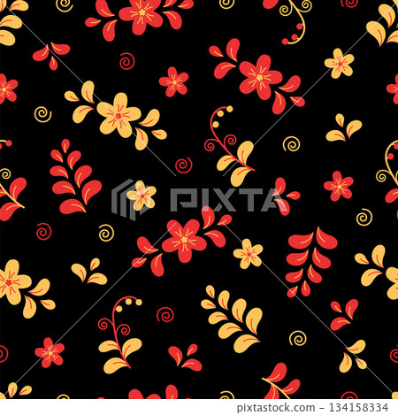 Seamless pattern of abstract patterns of flowers and plants. Cartoon traditional Slavic pattern background. Seamless pattern of abstract patterns of flowers and plants. Cartoon traditional Slavic pattern background. 134158334