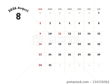 2026年8月曆 134158362