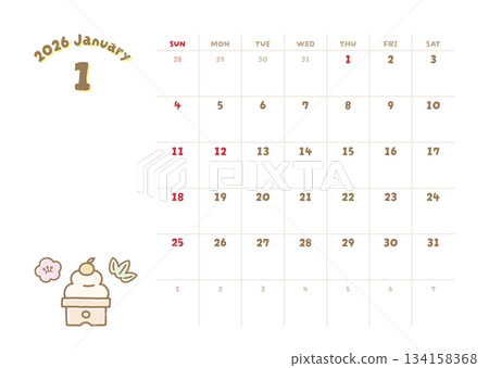 2026年1月日曆 新年鏡餅可愛插圖 134158368