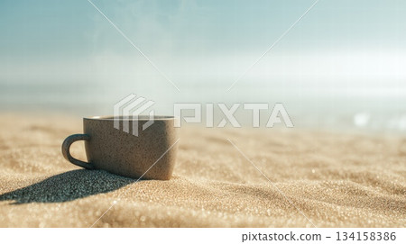 Ceramic Coffee Cup Resting on Warm Beach Sand Under Sunny Horizon 134158386