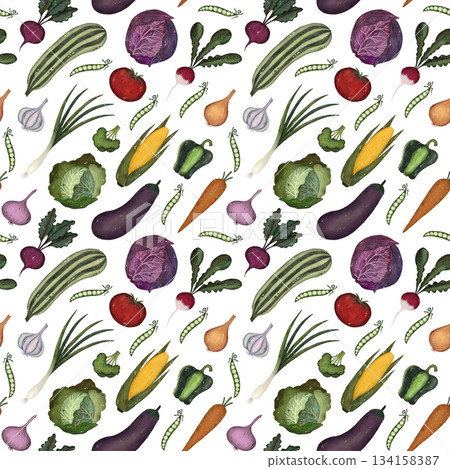 A vibrant seamless pattern featuring a variety of colorful vegetables against a clean white background. 134158387