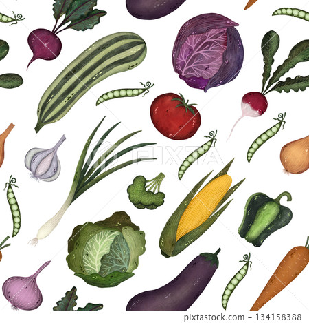 A vibrant seamless pattern featuring a variety of colorful vegetables against a clean white background. A vibrant seamless pattern featuring a variety of colorful vegetables against a clean white background. 134158388