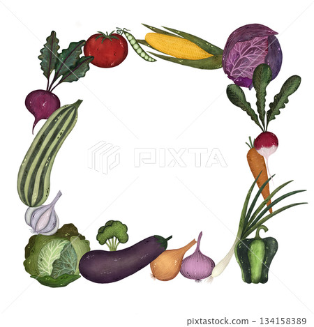 A charming square frame made of assorted vegetables set against a white background. A charming square frame made of assorted vegetables set against a white background. 134158389