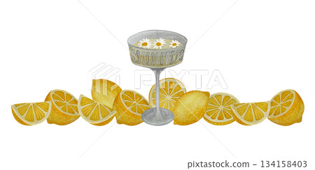 A charming watercolor illustration featuring a long banner with vibrant yellow ripe lemons and a refreshing glass of lemonade adorned with daisies A charming watercolor illustration featuring a long banner with vibrant yellow ripe lemons and a refreshing glass of lemonade adorned with daisies 134158403