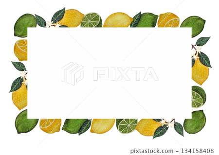 Watercolor rectangular frame of limes and lemons on a white background Watercolor rectangular frame of limes and lemons on a white background 134158408