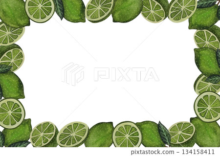 Watercolor rectangular frame of limes on a white background Watercolor rectangular frame of limes on a white background 134158411